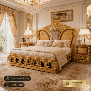 Ensemble <span class=keywords><strong>de</strong></span> meubles <span class=keywords><strong>de</strong></span> chambre à coucher <span class=keywords><strong>de</strong></span> luxe sur mesure en <span class=keywords><strong>bois</strong></span> massif européen haut <span class=keywords><strong>de</strong></span> gamme avec feuille d'or, style antique, pour villa et hôtel - Product Image 2