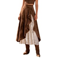 Jupe midi en daim pour femme, patchwork de dentelle, style vintage asymétrique, coupe trapèze, style western pour l'Europe et l'Amérique