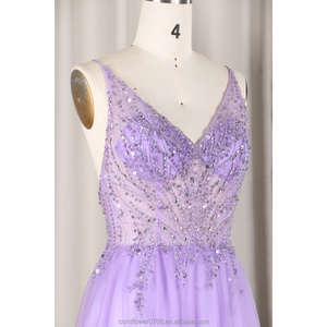 优雅的丁香紫色a线意大利面条带透视薄纱婚礼派对礼服现代伴娘舞会礼服高品质 - Product Image 5