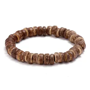 Mens Bracelets Beads Wooden Bracelet Unisex Coconut Shell Brown Wood Stretch Bracelet