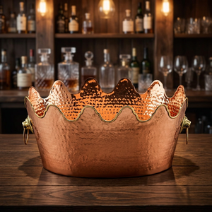 Seau à glace en cuivre fait main, bord festonné, poignées tête de lion, bac à boissons vintage en métal, forme ronde, pour fêtes - Product Image 2