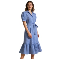 Robe chemise à manches bouffantes à col rabattu et à taille nouée pour femmes