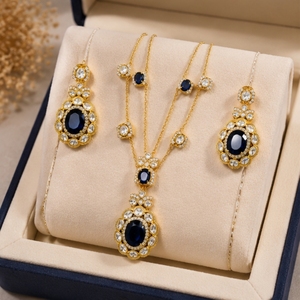 Juego de Collar y Aretes de Plata 925 de Lujo con Piedras Azules y Blancas, Joyería Nupcial India Tradicional para Mujer - Product Image 1
