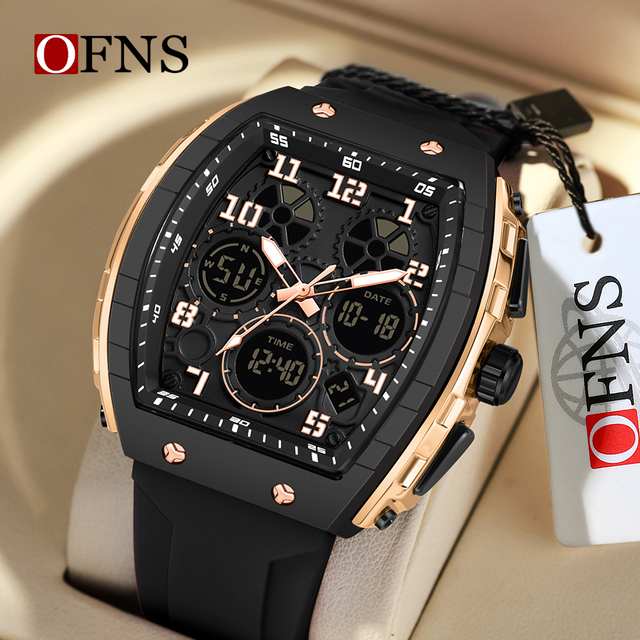 OFNS Men Sports Luxury Digital Analog Wrist Watch Square Case Chronograph Luminous Silicone Band 51mm 5BAR Water Resistance