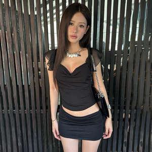 Pure Sexy Ruched Square Neck Bustier Ruffle Flutter Sleeve Top Summer Cool Sexy Waist Cinching Design Short Sleeve Blouse - Product Image 3