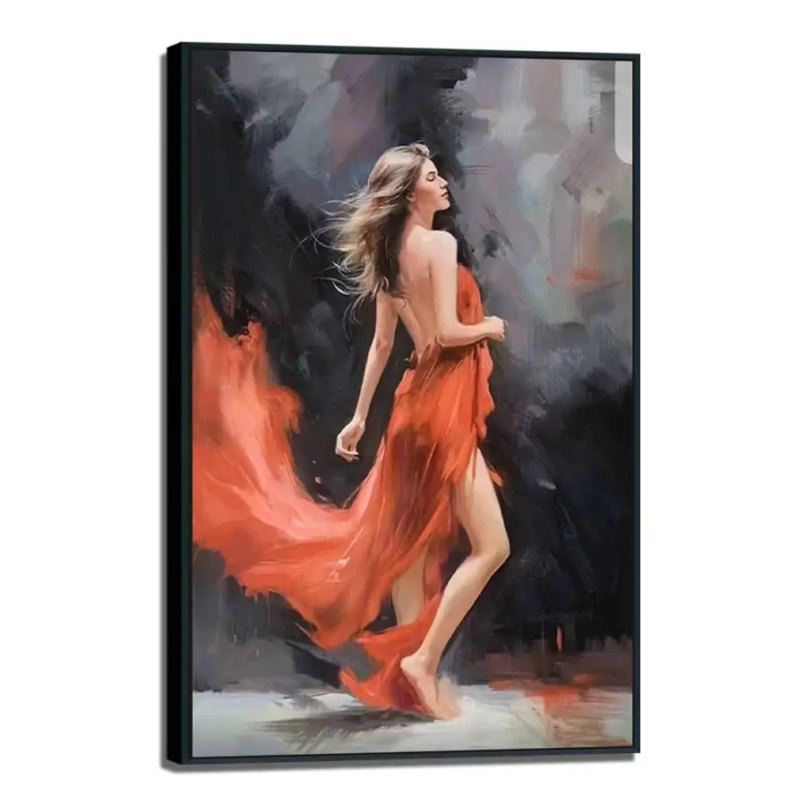 Original Art Factory Red Dress Lady Canvas Oil Painting Art Decor Design for Hanging Home Decor in Living Room or Bedroom