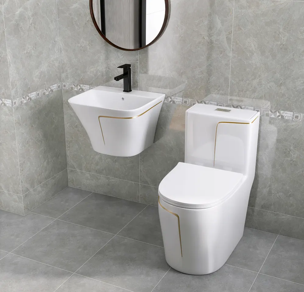 2023 New popular morden design of cheongsam toilet with gold line and wall mounted wash basin