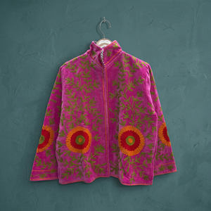 Handmade <b>Velvet</b> Suzani Embroidered Jacket for <b>Women</b> Floral Pattern Zip Up Short <b>Coat</b> Boho Outerwear - Product Image 2