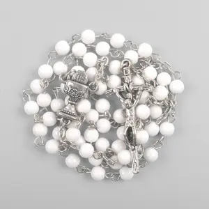 Factory Wholesale 6mm White Acrylic Beads First Communion Cheap Chain Rosary Necklace