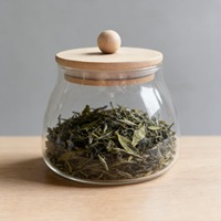 Driehoekige theebus van helder borosilicaatglas met bamboe deksel met bolvormige knop voor geurende thee, granen, voedselveilige container