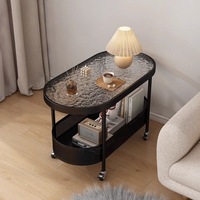 Table d'appoint ovale moderne en verre trempé à double niveau pour maison mobile, chariot roulant pour canapé avec panier de rangement