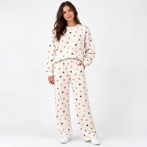 Trendy Two Piece Matching Outfit <b>Women</b> Casual Polka Dot Sweatshirt And Wide Leg <b>Pants</b> 2 Piece <b>Lounge</b> Set - Product Image 1