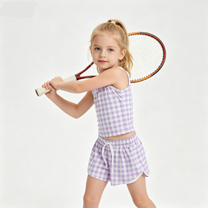 Ensemble de tenue de tennis bleu à carreaux pour petites filles, débardeur sans manches à col rond extensible et doux pour enfants, short fluide coupe crayon - Product Image 2