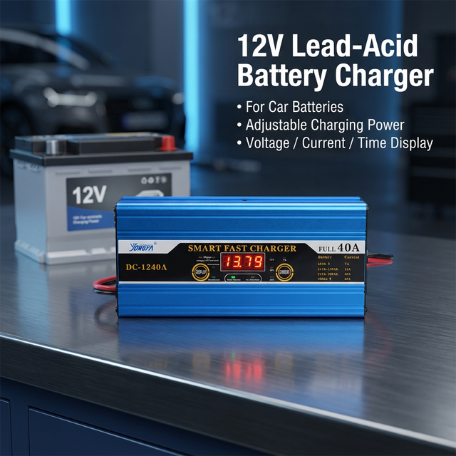 12V 40A Smart Battery Charger Adjustable Current 7A 12A 20A 40A LCD Display for Car Motorcycle LiFePO4 Lead-Acid CE Certified
