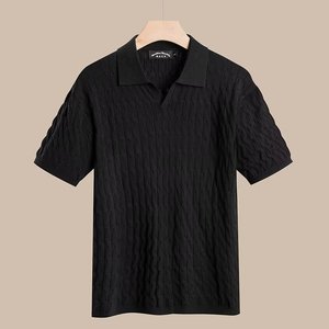 เสื้อโปโลถักสำหรับผู้ชายไซส์ใหญ่ แขนสั้น คอวี ลายถักแบบเคเบิ้ล ทรงหลวม สไตล์ธุรกิจ ปกคอพับ สีขาว ดำ เขียว - Product Image 4