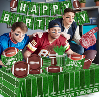 Ensemble de vaisselle jetable sur le thème du rugby pour fête d'anniversaire, comprenant des assiettes en papier, des gobelets, des serviettes, des couverts, une nappe, des bannières, des drapeaux et des fournitures