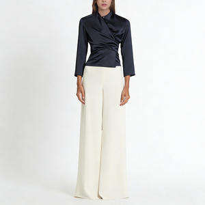 Camicetta Elegante <span class=keywords><strong>da</strong></span> Donna in Raso Blu Navy con Scollo a V, Maniche a 3/4, Vita Annodata, Ideale per Ufficio, Cerimonie e Serate Formali - Product Image 1