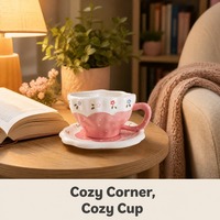 Tasse à café en céramique 350 ml avec soucoupe, motif floral peint à la main, bord ondulé rose, ensemble de tasses à thé du matin en porcelaine
