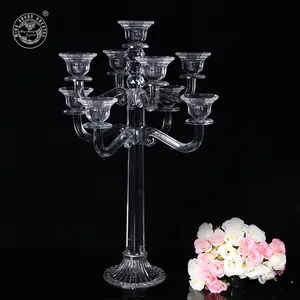 Chandelier en cristal transparent, porte-bougie à 9 têtes de 60cm de hauteur, Table centrale en verre, décoration de mariage