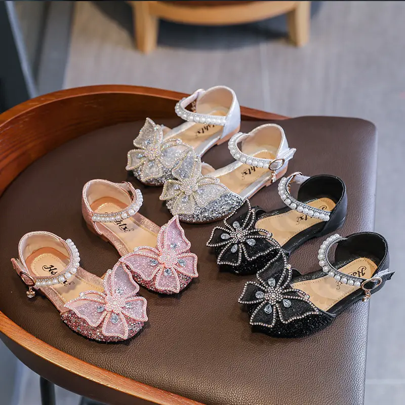 Yalindars kız prenses bahar yeni bebek çocuk kız moda taklidi yay deri ayakkabı ile kelebek aksesuarı