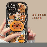 BT Mignon Capybara Téléphone Cas Grip Tok Titulaire Vague TPU Doux 16 Pro 15 14 13 Pro Max Téléphone Couverture Arrière Kawaii Dessin Animé Silicone Cas