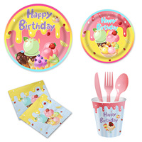 Nouveau ensemble de vaisselle de fête transfrontalière thème de Dessert de crème glacée pour anniversaire saint valentin pâques comprend une assiette en papier tasse de tissu