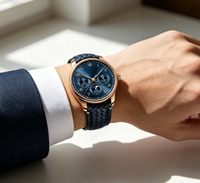 Montre mécanique à remontage automatique pour homme, style business, fonction chronographe, cadran bleu, bracelet en cuir de vachette