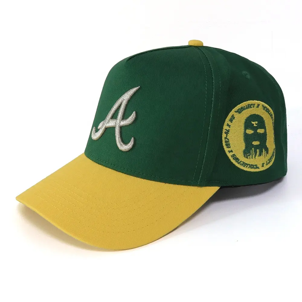 Sıcak satış yüksek kalite popüler 5 Panel yeşil ve sarı 3D nakış Logo tasarım pamuklu beyzbol şapkası şapka spor kapaklar