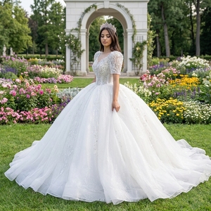 Wx392 Ivory Tulle <b>Wedding</b> Dress V Neck Puff Sleeve Beaded Sequin Ball Gown Multi Layer Long Train Jancember - Product Image 1