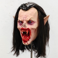 Masque de vampire réaliste en latex pour le visage entier avec bouche sanglante, crocs pointus et oreilles pointues, cheveux longs noirs, masques de fête d'Halloween