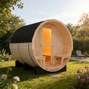 Sauna de Barril de Pino Blanco de 6KW para 6 Personas, con Tejas Impermeables y Bancos de Porche para Exteriores - Product Image 4