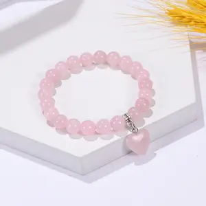 Pink Crystal Beaded Bracelet With Peach Heart Pendant Elastic Rope Fashionable Simple Fashion Jewelry For Bracelets Bangles