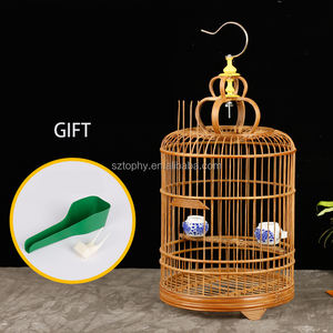 Cage à oiseaux ronde en bambou avec accessoires cage à oiseaux vintage cages suspendues avec gobelets d'alimentation pour petits oiseaux perroquet - Product Image 6