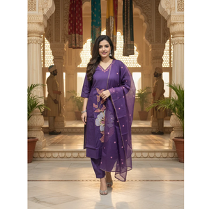 Womens Purple Floral Embroidered Cotton Kurta Set with Dupatta Quick Dry Wrinkle Free Ethnic Wear - Product Image 1