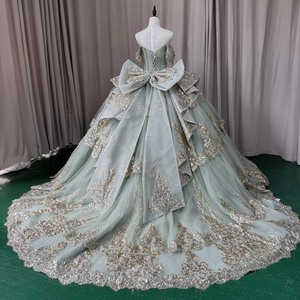 Jancember MCT020 Elegante Abito Verde Menta <span class=keywords><strong>per</strong></span> Quinceañera con Scollo a Cuore, Pizzo Dorato e Fiocco - Product Image 4