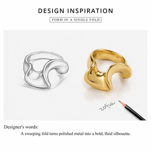 Folded <b>Wave</b> Stainless Steel Ring with 14K Gold Vacuum Plating <b>Mirror</b> Polished Sculptural Statement Design - Product Image 2