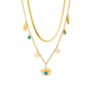 Evil Eye Turquoise Pendant Stainless Steel Double Layer Necklace Gold Color Geometric Design Gift Jewelry - Product Image 5