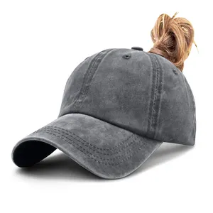 Women Washed Distressed Retro Adjustable Retro Baseball Cap Dad Hat With Ponytail Hole