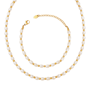 الفرنسية الباروك المياه العذبة اللؤلؤ المختنق قلادة سوار مجموعة 18K الذهب مطلي الفولاذ المقاوم خرز من الفولاذ مطرز قلادة - Product Image 1