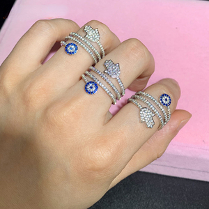 Anello <span class=keywords><strong>a</strong></span> <span class=keywords><strong>vite</strong></span> di alta qualità Micro Pave White Blue Cubic Zirconia 5A CZ Fatima Hamsa Hand Round Eye Rings per gioielli da donna - Product Image 3