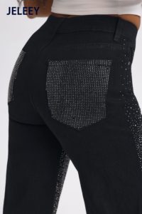Nouveau jean taille haute à jambes larges amincissant avec strass scintillants - Noir élégant et sophistiqué - Product Image 6