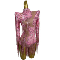 Combinaison une pièce tendance à manches longues, franges et strass pour femme, idéale pour les pom-pom girls, les festivals, les clubs et les danseuses Gogo