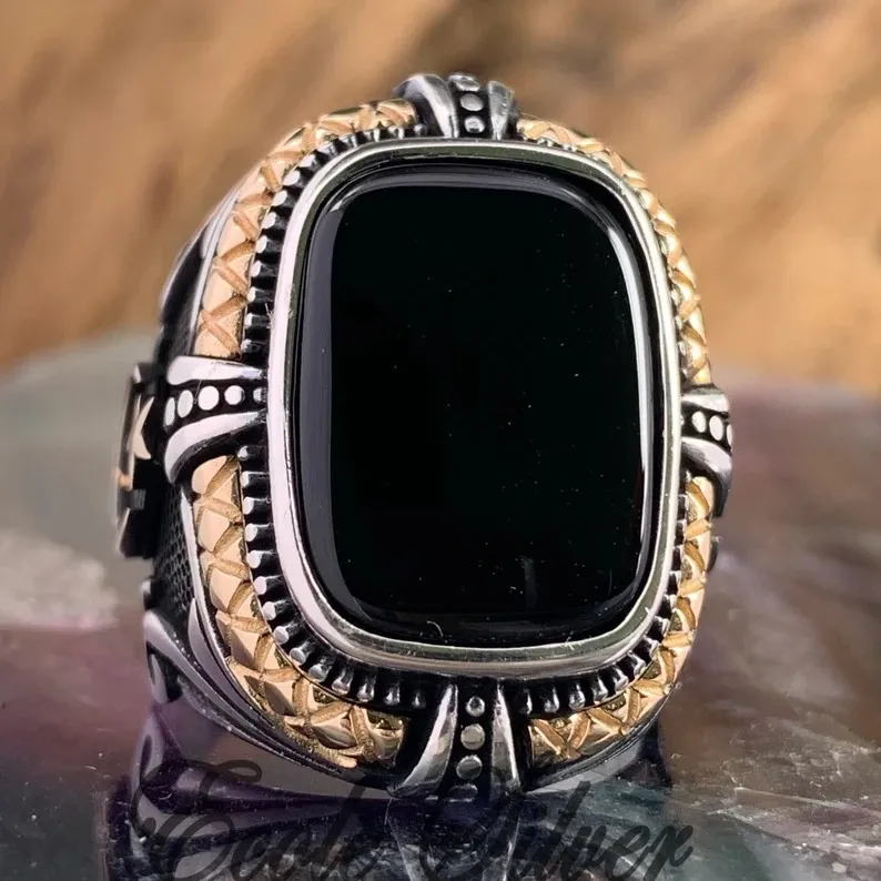 Retro Opening Adjustable Fashion Jewelry Rings Carving Mysterious Totem Big Black Gemstone Ring for Men