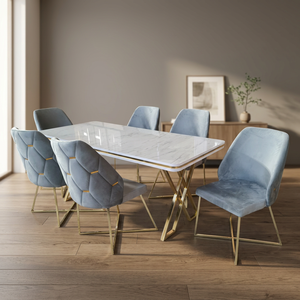 Ensemble de salle à manger moderne convertible en velours, 6 pièces, table avec plateau en marbre et chaises à dossier plein avec cadre doré, pour appartement - Product Image 3