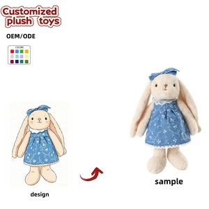 Peluche <span class=keywords><strong>Lapin</strong></span> à Longues Oreilles Personnalisée OEM/ODM - Robe Florale Imprimée Bleue avec Nœud Assorti - Product Image 1