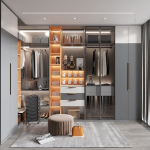 BALOM <span class=keywords><strong>Dressing</strong></span> Moderne Personnalisé Gris Blanc en Bois avec Porte Coulissante en Verre, Meuble de Rangement Intégré pour Chaussures et Éclairage LED pour Chambre à Coucher - Product Image 2