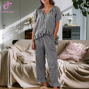 Loveda Wholesale New Arrival <strong>Women</strong> Summer <strong>Plaid</strong> Shirt and <strong>Trousers</strong> Suit Soft Casual Home Clothes - Product Image 4