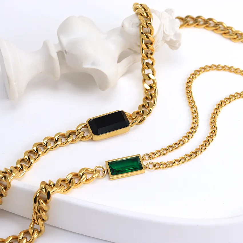 Retro Emerald Black Stone Charm Necklace Double Cuban Chain Waterproof Cz Rectangle Green Black Gemstone Pendant Choker Necklace