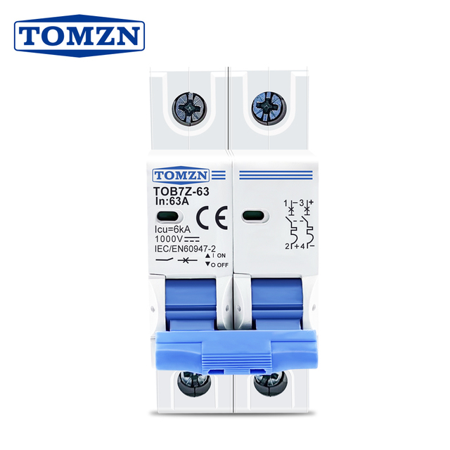 TOB7Z-63 TOMZN 2P DC MCB 1000V Solar Mini Circuit Breaker 3A 6A 10A 16A 20A 25A 32A 40A 50A 63A DC MCB for PV System