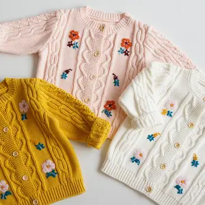 wholesale kids sweaters for baby cardigan girls knitted smocked blue embroidery flower children's clothing boutiques